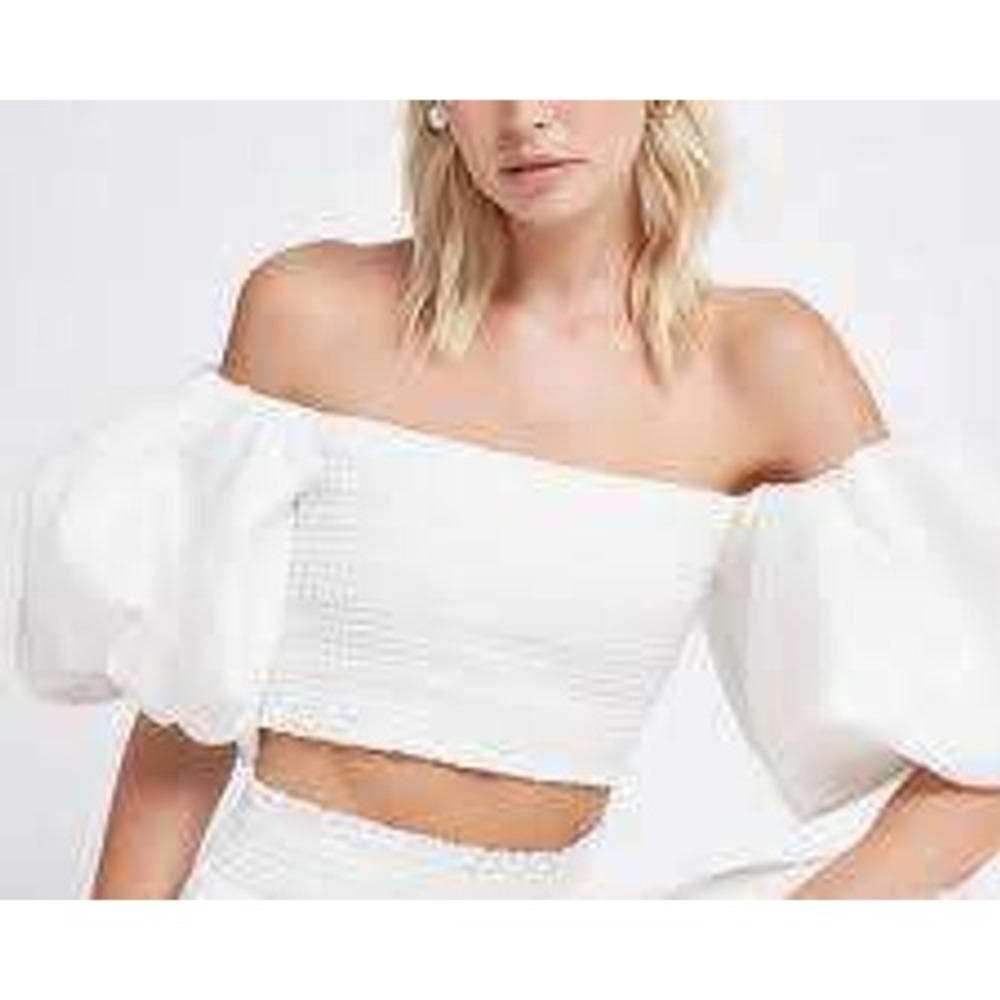 Aje Womens Size 6 White Cotton Puff Sleeve Shirred Crop Top Off Shoulder